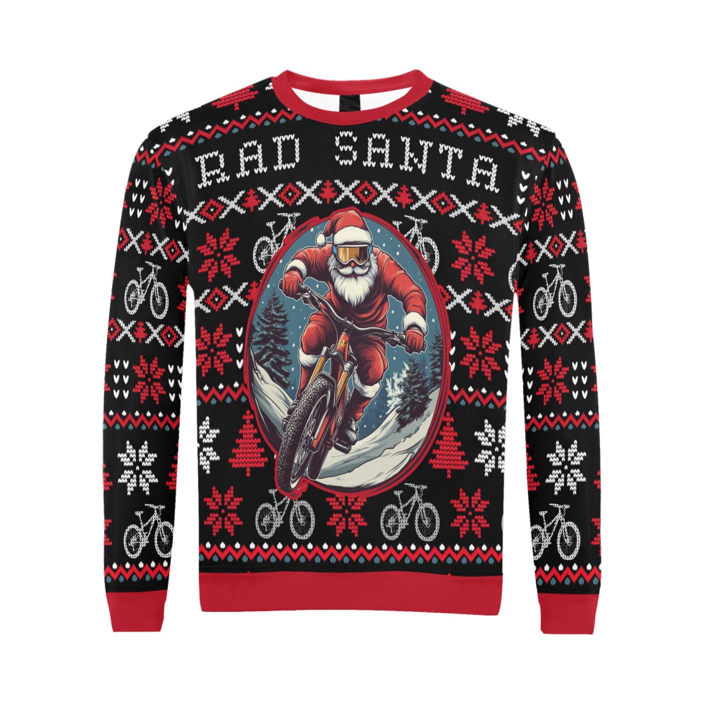 A men's Christmas sweater featuring a graphic of Santa Claus on a mountain bike against a red and black fair isle pattern with snowflakes and bike icons.