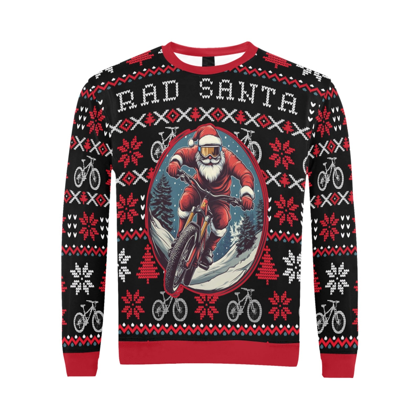 A men's Christmas sweater featuring a graphic of Santa Claus on a mountain bike against a red and black fair isle pattern with snowflakes and bike icons.