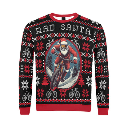 A men's Christmas sweater featuring a graphic of Santa Claus on a mountain bike against a red and black fair isle pattern with snowflakes and bike icons.