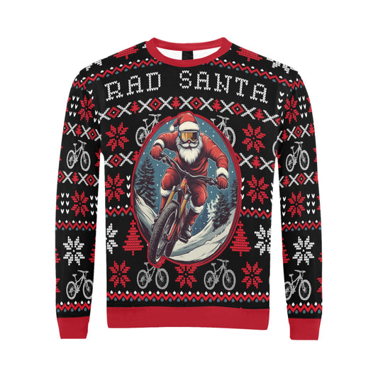 A men's Christmas sweater featuring a graphic of Santa Claus on a mountain bike against a red and black fair isle pattern with snowflakes and bike icons.